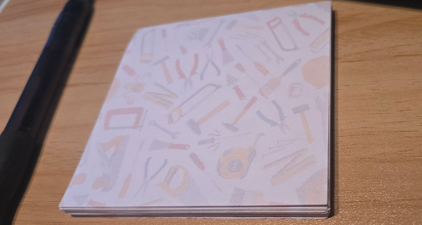 Handmade Tool Pattern Sticky Notes – DIY, Construction & Maker Themed Notepad for Workbench, Office, or Gift